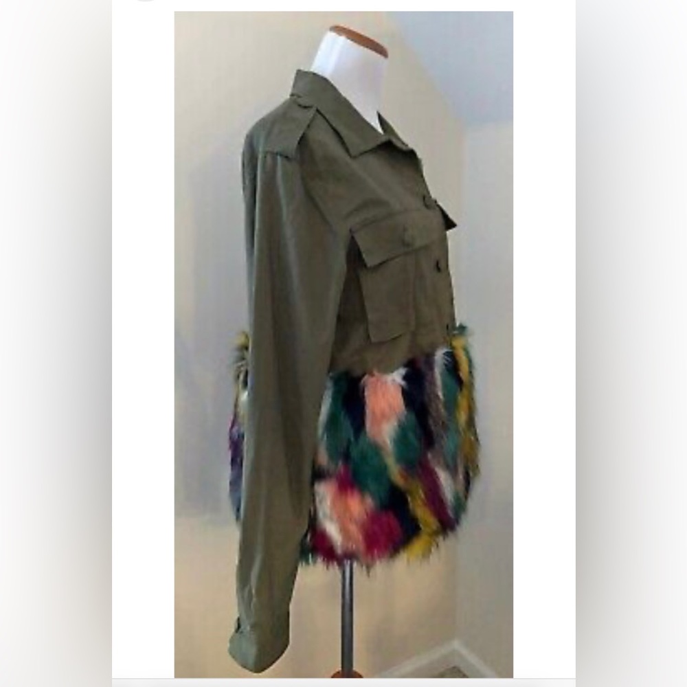Military Style Jacket Multicolor Fur Olive Green